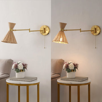 Lily 25" 1-Light Mid-Century Vintage Retro Rattan/Metal USB Charging Swing Arm LED Sconce with Pull Chain - JONATHAN Y